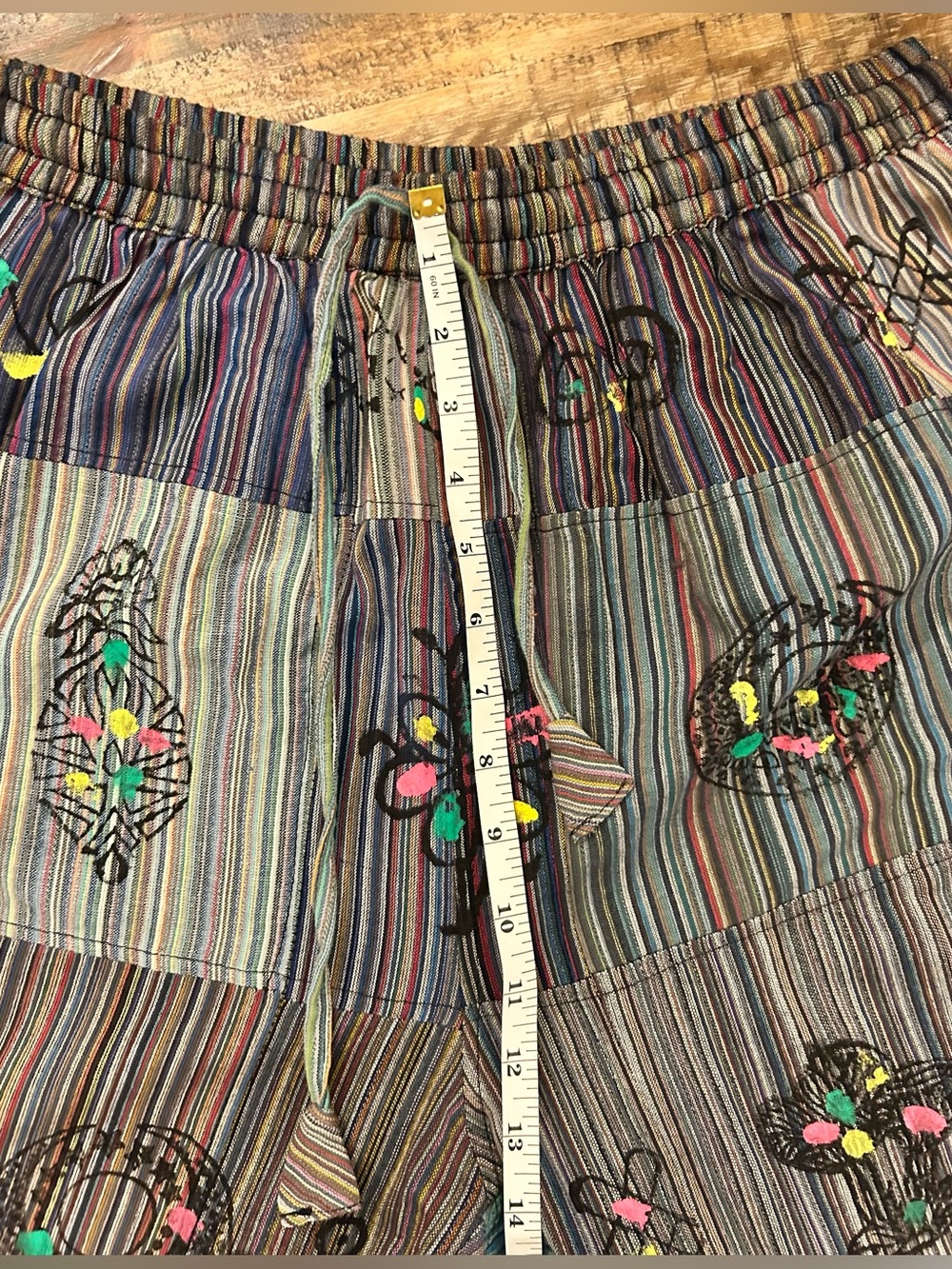 Boho Patchwork Wide-Leg Colorful Striped Harem Pants Cotton Folk Print Size L/XL - Picture 12 of 16